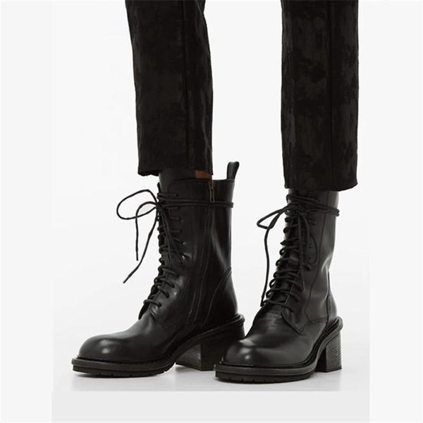 

2020 new black genuine leather women platform ankle boots lace-up chunky heel ladies short booties cowboy boots