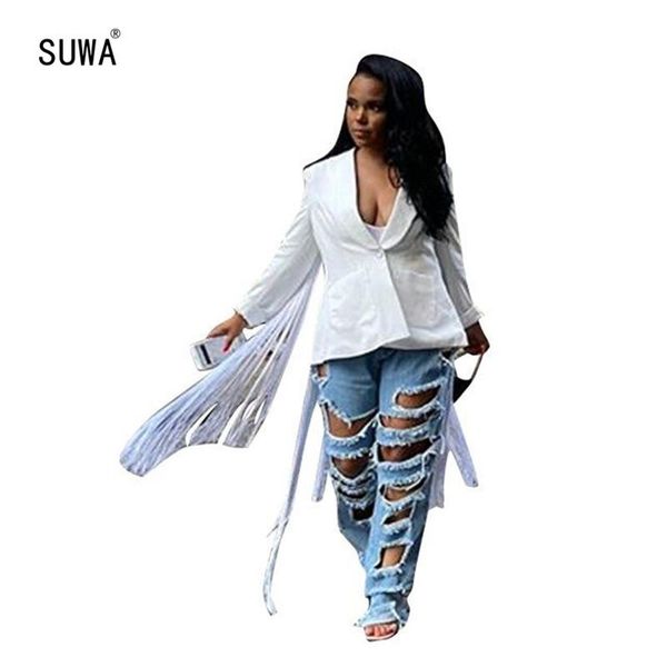

plus size women white blazer coats back tassel spliced fashion novelty jackets turn down collar long sleeve casual m5120g, Black;brown