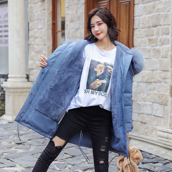 

2019 women's long section korean version of the slim waist down cotton new large fur collar flocking thick warm jacket, Black