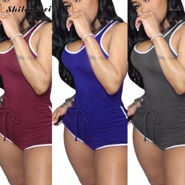 

2020 mew women casual sport short jumpsuit sleeveless u-neck bodycon playsuit one-piece side stripe romper cotton plus size1, Black;white
