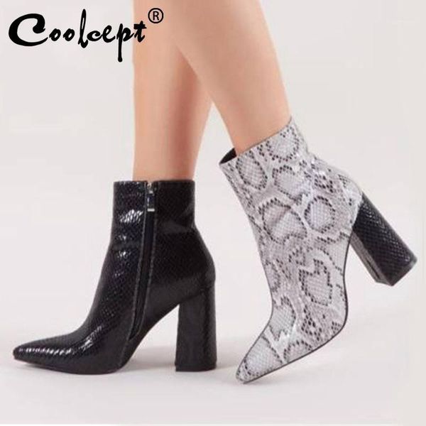 

coolcept ankle boots women fashion mixed color snakeskin high heels shoes women zipper pointed toe footwear size 35-431, Black