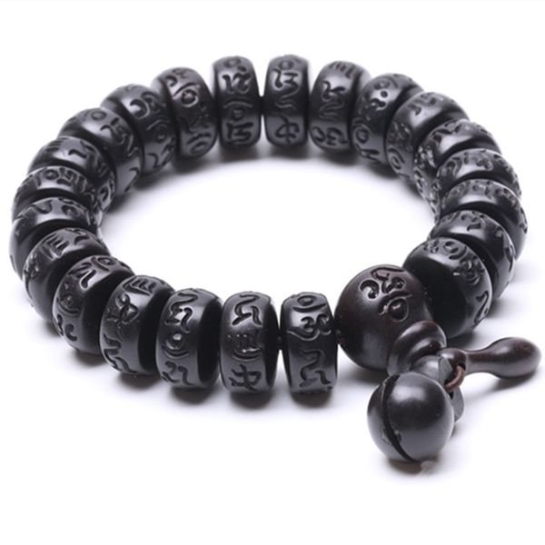 

sennier natural peach wood buddha beads bracelet hand carved tibetan buddhist male bracelet meditation men wrist wooden bracelet y200730, Black