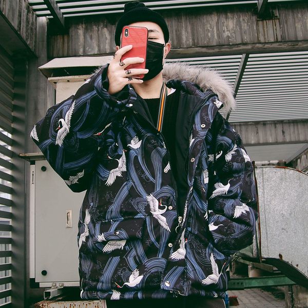 

winter fur coat fashion thick crane printing jacket oversize warm couples kg-91, Black