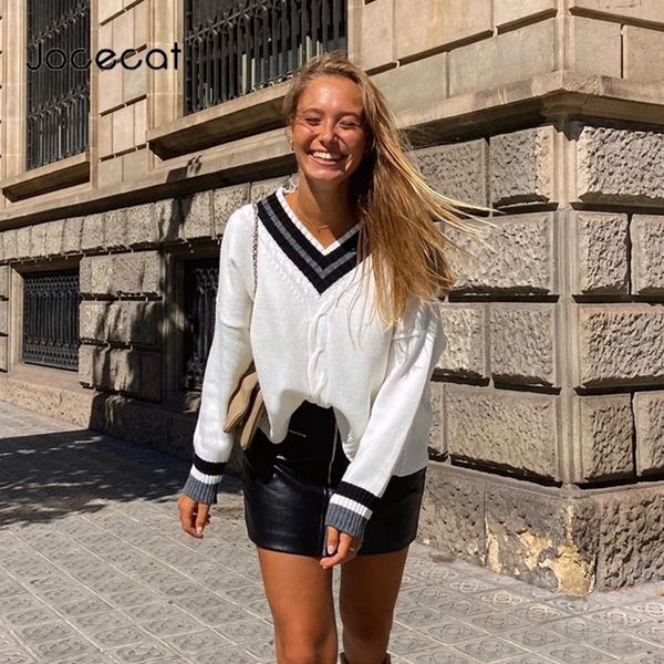 

jocecat white oversize y2k jumpers women stripe v neck twist 90s aesthetic knitwear autumn winter korean fashion knit sweaters h1211, White;black