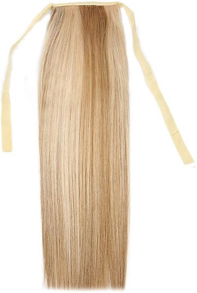 

two tone mixed blonde sleek drawstring ponytail hair extensions human hair ponytail extension ribbon clip pony tails hairpiece 120g p18/613, Black