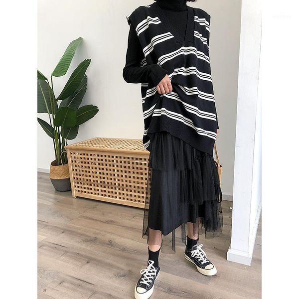

full blue autumn and winter korean-style women's wear new striped v-neck vest woolen skirt loose pullover coat1, Tan;black