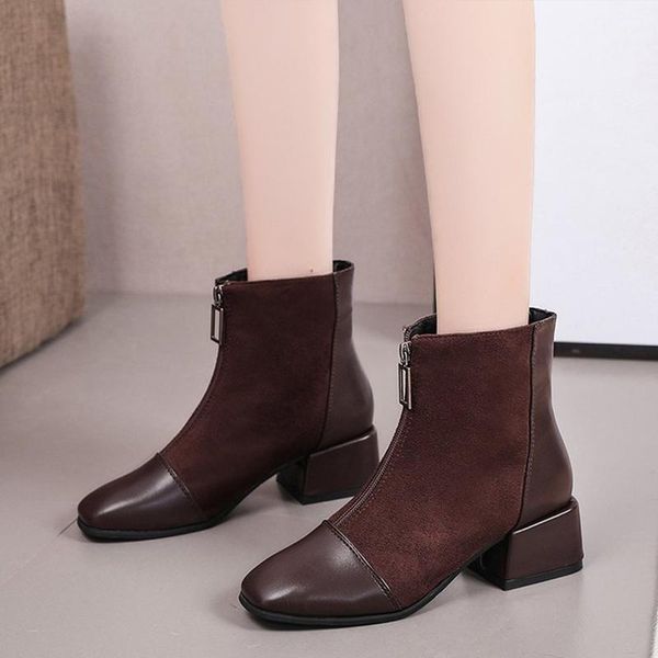 

boots women ankle ladies suede zip square-toe pu leather med heel shoes women's pumps chunky elegant female 2021 1, Black