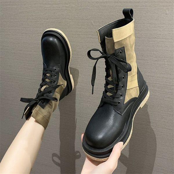 

2021 new female fashion autumn winter streetwear harajuku lace up anti-slip to casual wear women's boots fd0q, Black