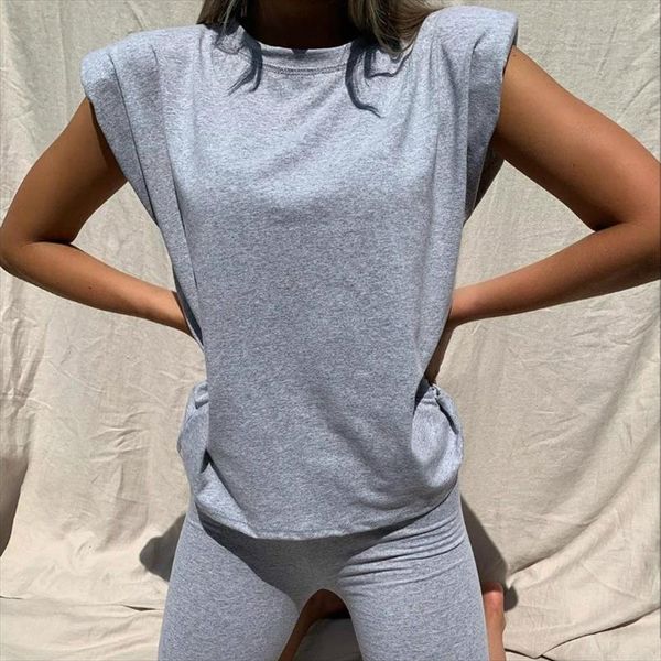 

лето подплечник футболка o шея наборы хаки рукава два piece set crop top и шорты кулиска 2 шт женщина set, Gray