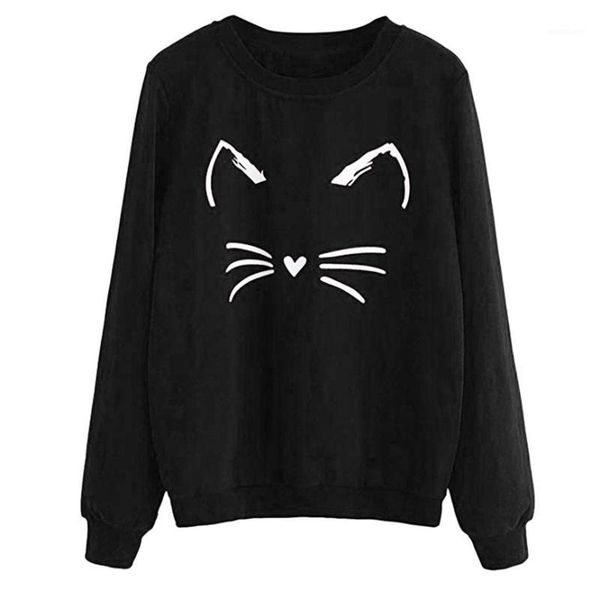 

fashion women cat round neck long sleeve sweatshirt elegant chic cool casual comfortable crop jumper pullover 1, Black