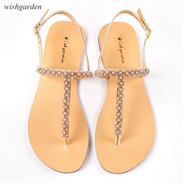 

2020 new women`s fashion summer bohemia pearl sandals women casual beach shining boho shoes t-strap thong flip flops slippers t200529, Black
