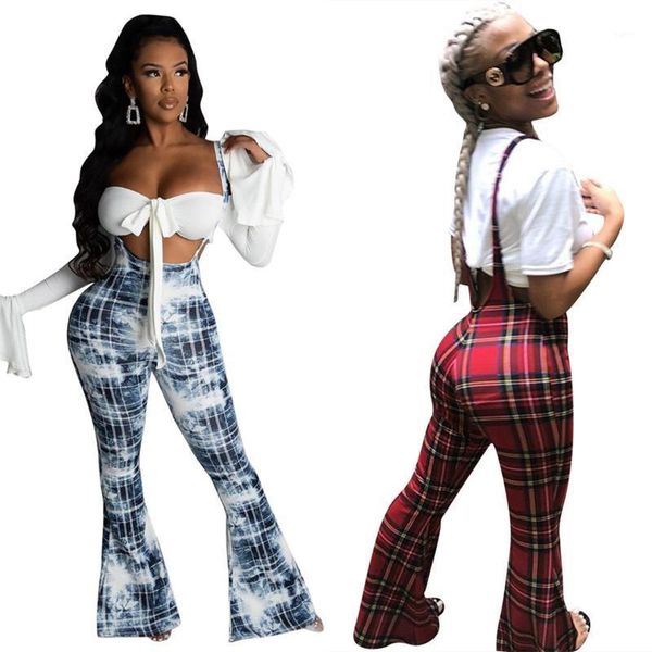 

fashion women plaid overalls retro high waist stretch suspender trousers pure cotton comfortable long flare pants1, Gray