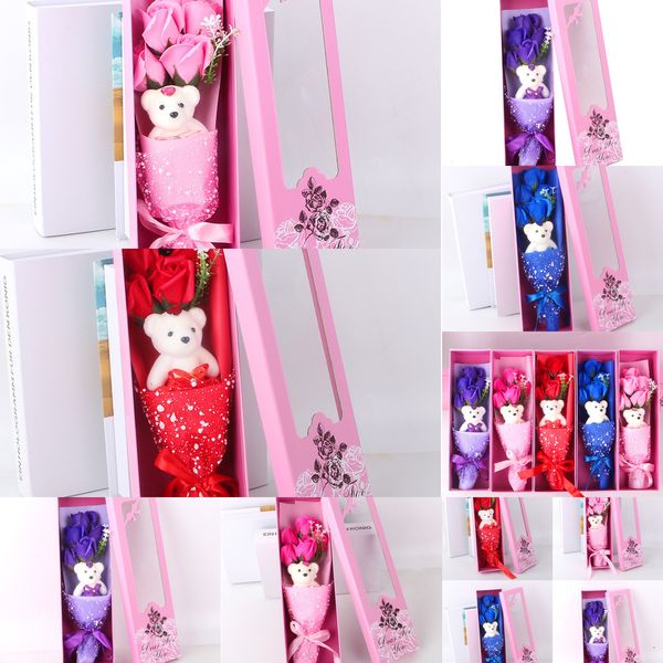 

box 5 pcs soap rose + pc cartoon bear flower bouquet valentine day wedding anniversary couple gift 1 nxdv2