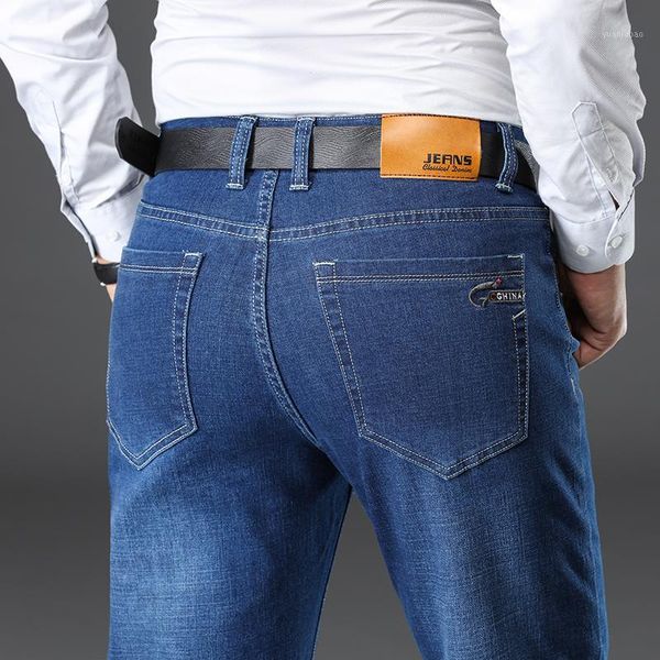 

new men fashion business slim straight jeans classic solid color cotton casual denim trousers size 44 461, Blue