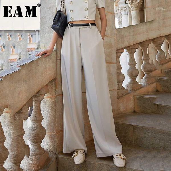 

women's pants & capris [eam] high waist apricot brief long leisure wide leg trousers loose fit women fashion tide spring autumn 2021 1w, Black;white