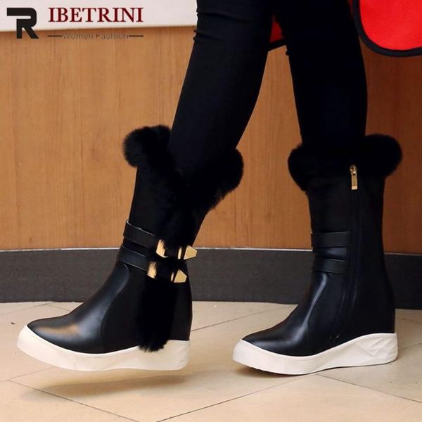 

boots ribetrini brand height increase warm fur genuine leather snow female stylish winter shoes women, Black
