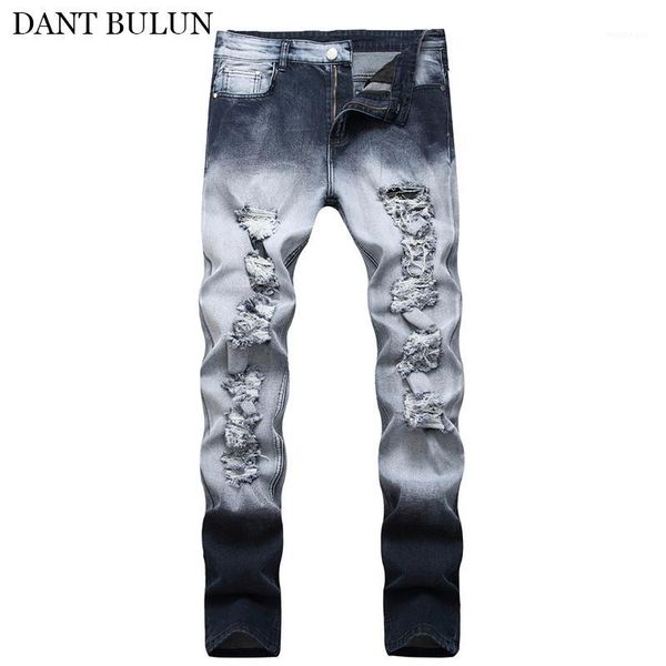 

mens jeans stretch ripped distressed beggar skinny slim fit jeans men black gray trousers homme pants korean fashion1, Blue