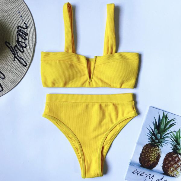 

vintage female ribbed swimsuit high waist bikini women v shape bra swimwear two-pieces bikini set bather brazilian bathing suits y200319, White;black