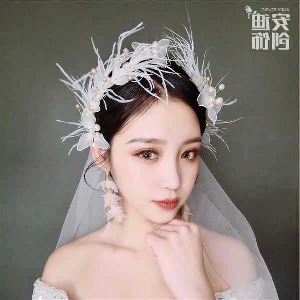 

ifairy dress bridal white gauze sen super xianmei feather crown princess hair ornament p headdress wedding jewelry, Silver