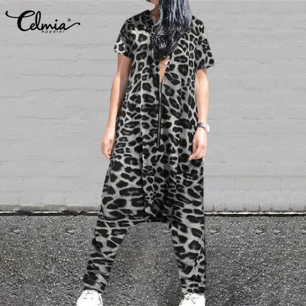 

2020 summer rompers long jumpsuits women vintage leopard print drop-crotch summer short sleeve zipper casual playsuits 7, Black;white