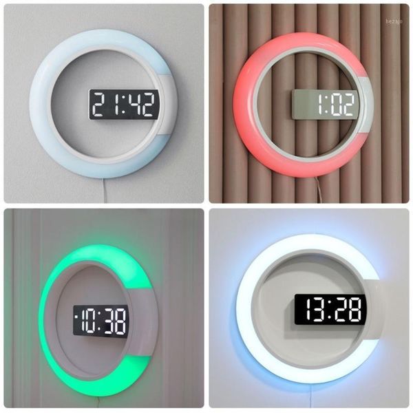 

12 inch creative led mirror hollow wall clock remote control digital with alarm temperature dimming ring light 7 color change1