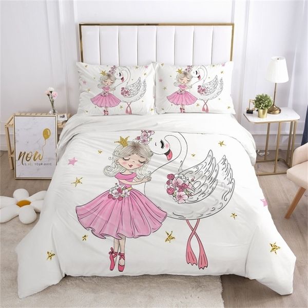 Meninas Princesa Cartoon Bedding Set para bebê Crianças Crianças Crub Devet Cobertura Conjunto Fronha Cobertura Colcha Capa Bonito Rosa Swan LJ201127