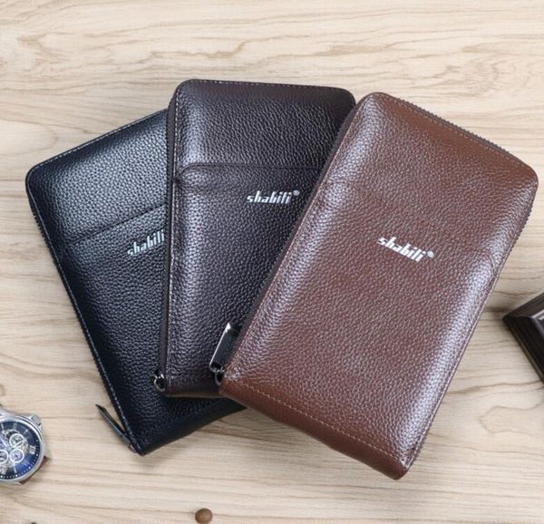 

est men's long money clips classic casual business multifunctional card case soft pu leather solid id -card holder zipper man handbag w, Black