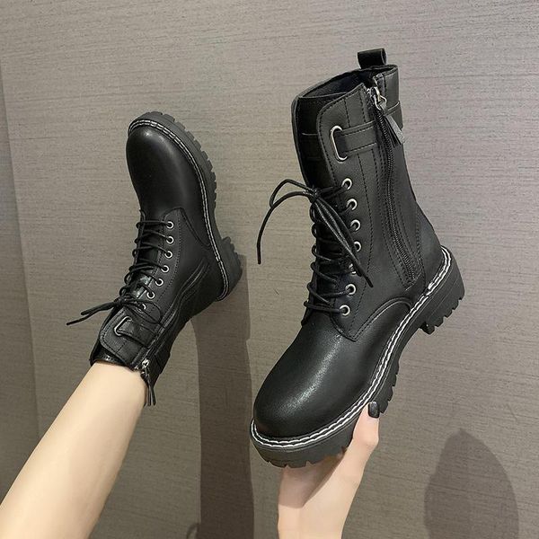 

flat heel brand women's shoes lolita boots boots-women booties ladies round toe fashion rock ankle 2020 med autumn, Black