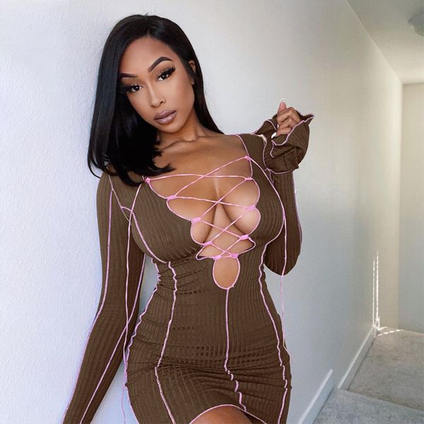 

simenual lace up deep v neck ribbed long sleeve bodycon dresses women patchwork club partywear fashion mini dress fall y0118, Black;gray