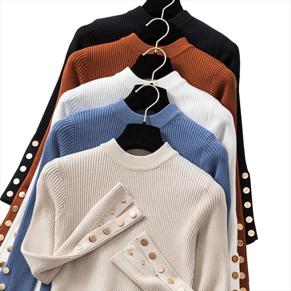 

long sleeve button o neck chic sweater female slim knit soft jumpe casual autumn winter women thick sweater pullovers, White;black