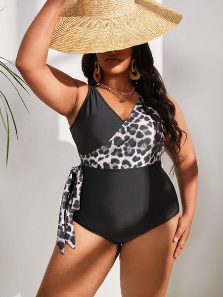 

plus leopard knot one piece swimsuit x3pa#, Black