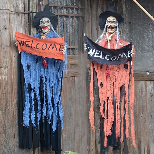 

bu2gp halloween hanging house bar horror scene layout props voice electric control ghost hanging skeleton head ghost electronic props bar pr