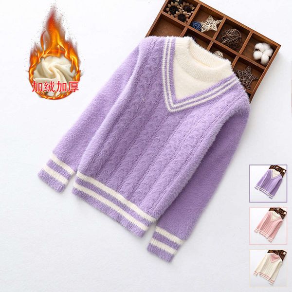 

2020 girls' autumn winter new sweater korean version zhongda plush thickened knitted bottom coat children's warm top, Blue