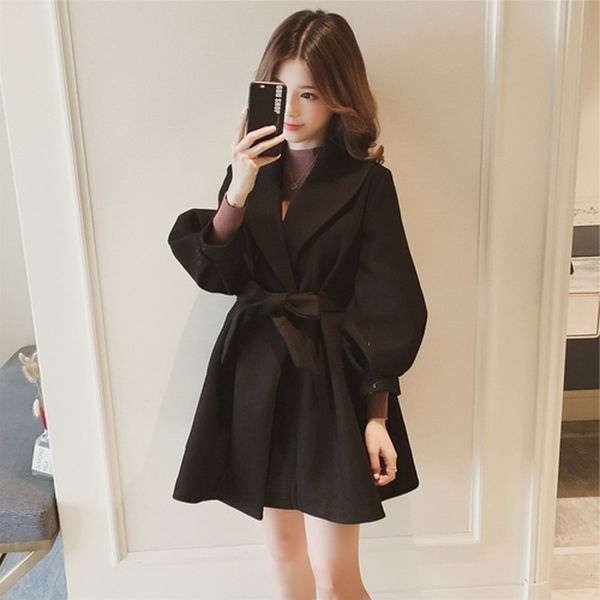 

winter autumn wool coat women casual belt woolen jackets elegant office lady long sleeve outerwear abrigos mujer invierno 201111, Black