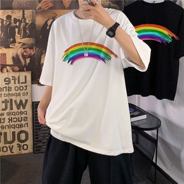 

fashion brand ins rainbow print short sleeve t-shirt boys casual loose and versatile lovers round neck bottomed t-shirt, Black