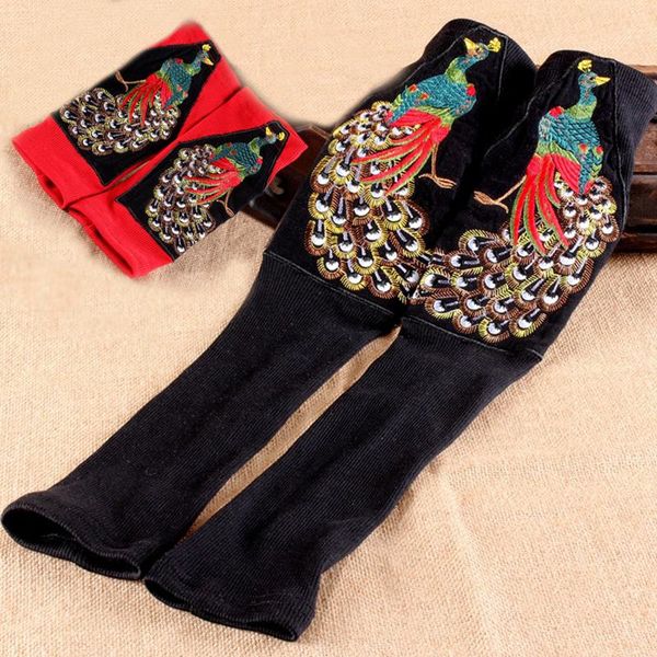 

five fingers gloves women' winter retro ethnic embroidery sleeve knitted fingerless peacock, Blue;gray