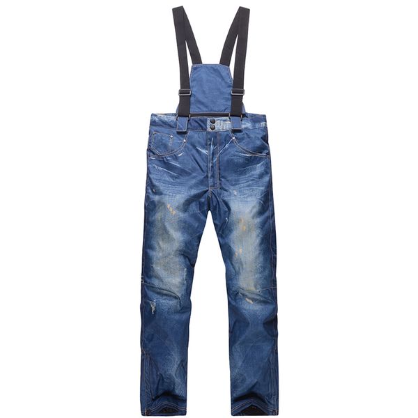 

full protection denim men ski pants winter snow waterproof windbreak pants with shoulder straps outdoors snowboard jeans