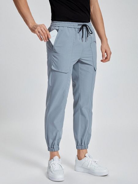 

men slant pocket drawstring waist pants s5nl#, Black