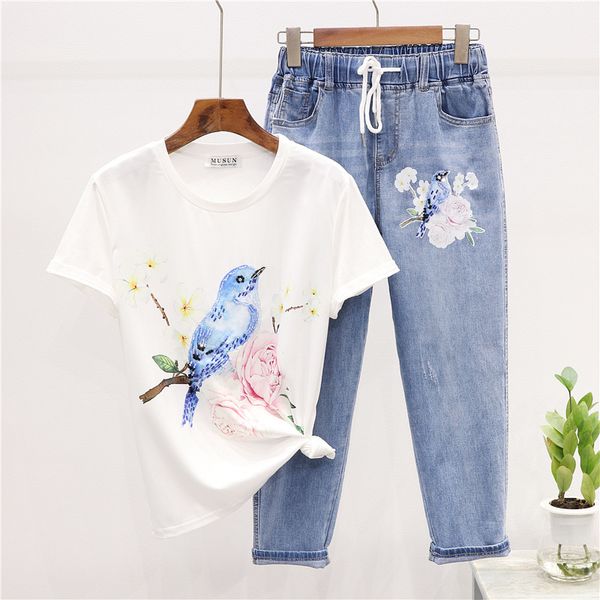 

women's summer fashion print o-neck t-shirt + elastic waist jeans 2-piece suit, Gray