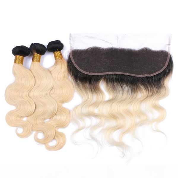 

blonde 1b 613 hair bundles with lace frontal with baby hair ear to ear full lace frontal with ombre hair weaves 4pcs lot, Black