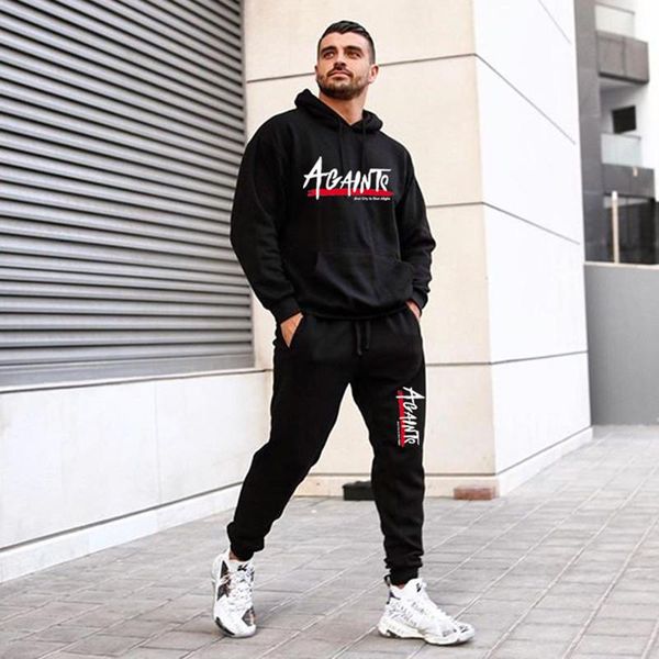 

men sets tracksuit autumn winter hooded sweatshirt drawstring outfit sportswear 2020 male suit pullover two piece set casual set, Gray