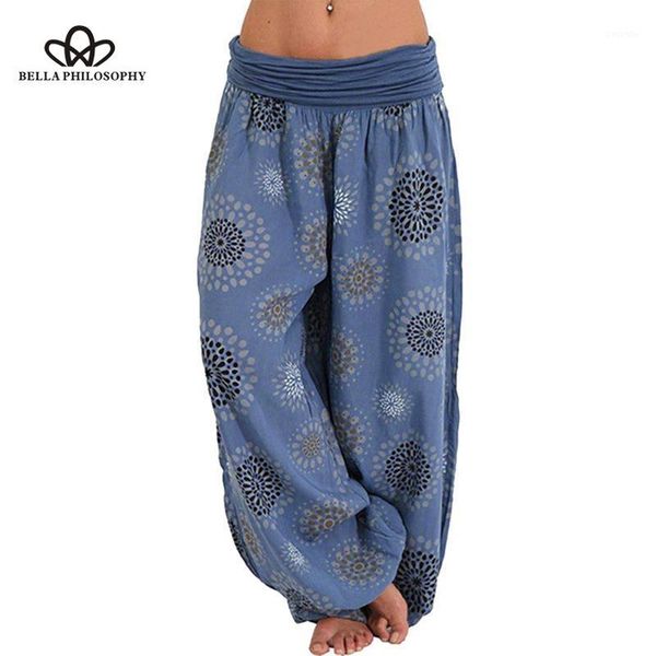 

bella philosophy bohemian floral print trousers for women beach chiffon pants elastic waist loose plus size thin pantalones1, Black;white
