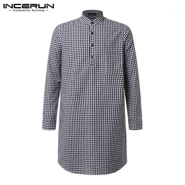 

incerun men plaid casual shirt stand collar long sleeve loose long shirts men muslim islamic kaftan suit dress shirt 20201, White;black