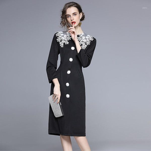 

autumn 2020 french vintage women black hepburn long sleeves dress fashion lace splicing twist buckle decorate slim vestidos1, Black;gray
