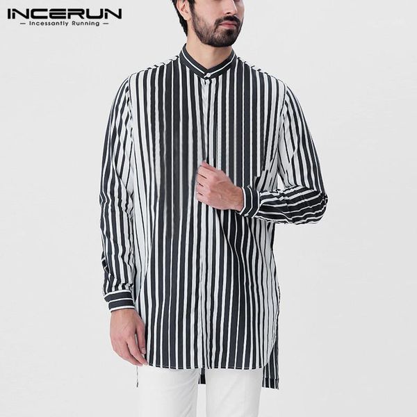 

men fashion striped shirts mens long sleeve stand collar camisa casual loose buttons blusas breathable blouse streetwear incerun1, White;black