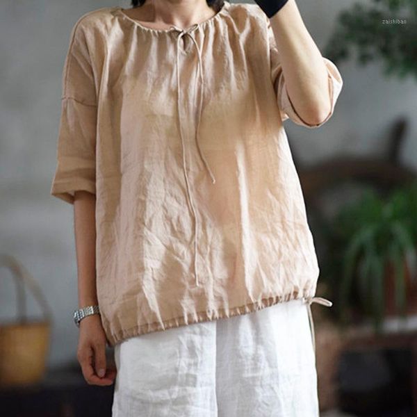 

johnature women ramie vintage t-shirts 2020 summer new o-neck short sleeve khaki belt original female casual t-shirts1, White