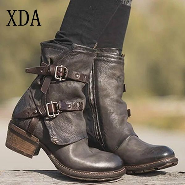 

xda new martin boots winter pu leather mid heel ladies shoes buckle zipper platform vintage ankle boots fashion casual boot b197, Black