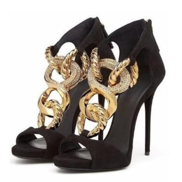 

sandals summer women black suede peep toe gold metal chain gladiator back zipper cover heel thin party shoes 12cm heels