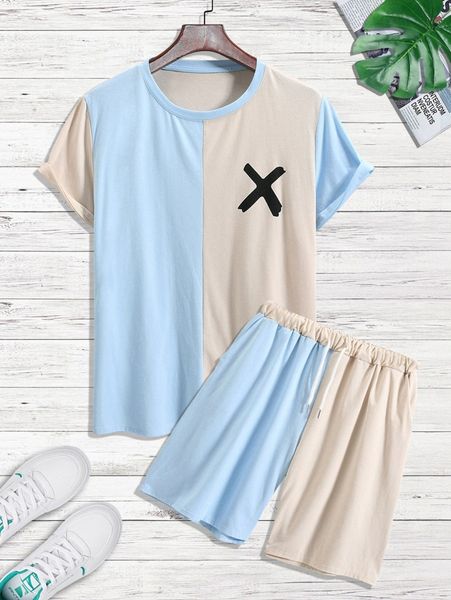 

men letter graphic colorblock tee & drawstring waist shorts u0ni#, Gray