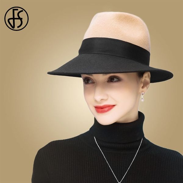 

fs wide brim fedora camel and black womens hats with ribbon wool felt hats bowler hat chapeau femme feutre ladies trilby hat t200508, Blue;gray